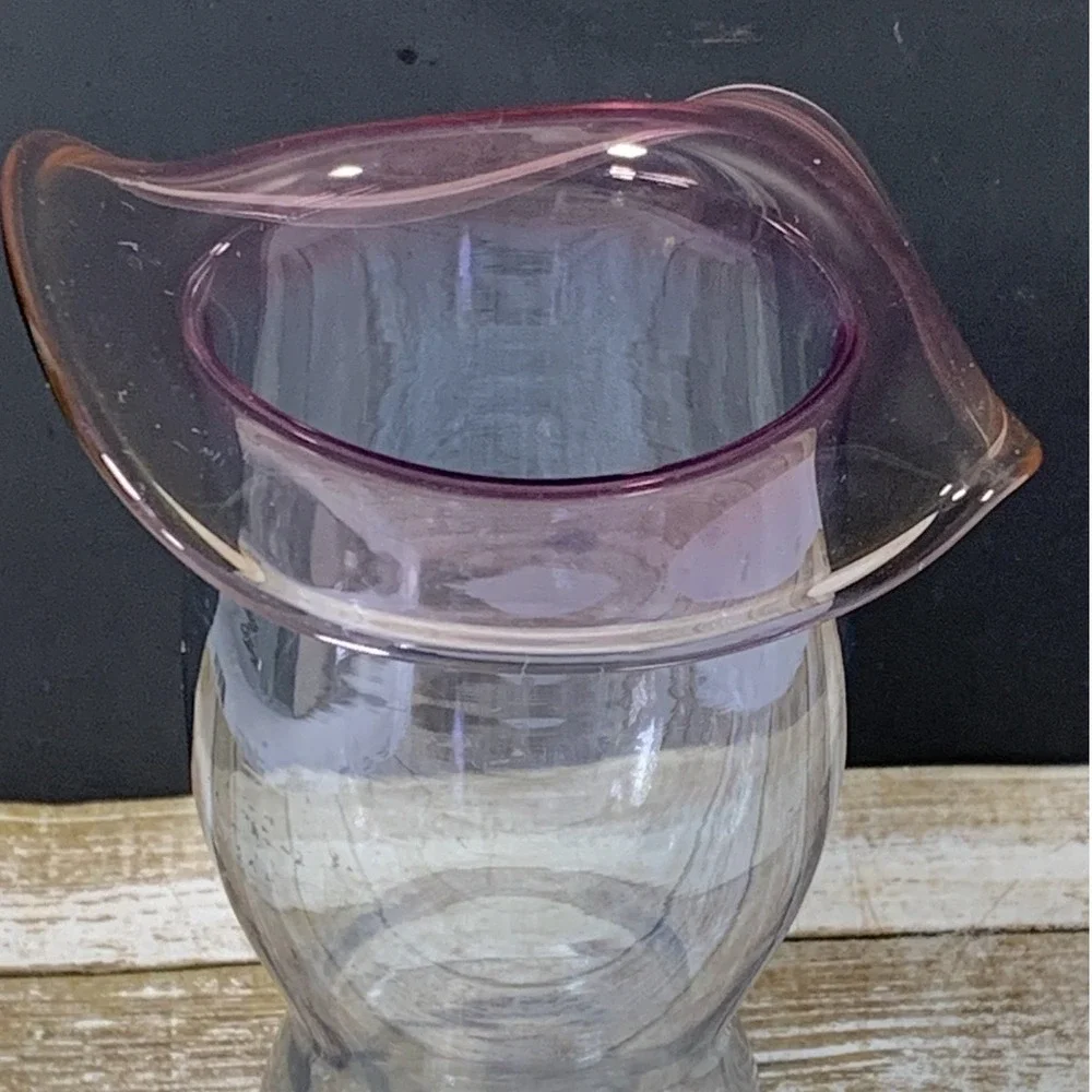Hand Blown Art Glass Vase Pink Ruffled Fold Over Rim Clear Pedestal Base MCM